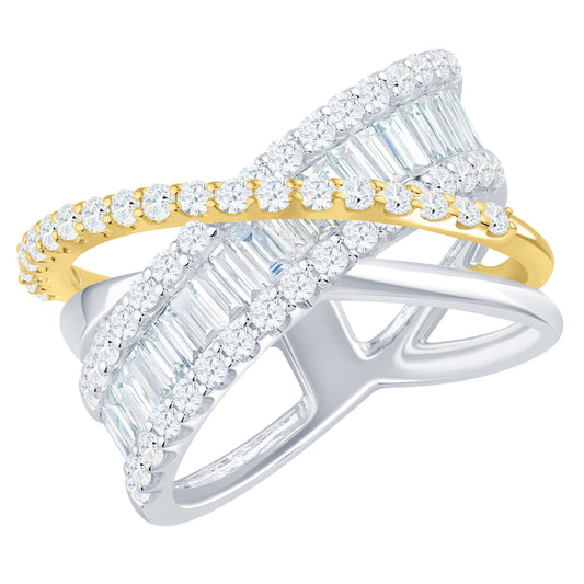 14K White Gold Baguette and Pave Diamond Criss Cross Ring