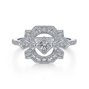 14K White Gold Art Deco Floral Diamond Ring