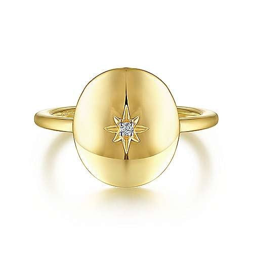 14K Yellow Gold Medallion Ring with Diamond Starburst