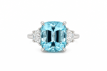 Platinum 5.38ct Cushion Cut Aquamarine and Diamond Three-Stone Ring