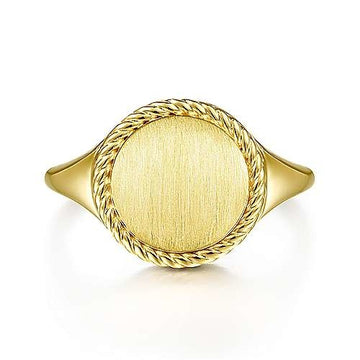 14K Yellow Gold Round Signet Ring with Twisted Rope Frame