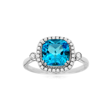14K White Gold 2.60ct Cushion Blue Topaz and Pave Diamond Milgrain Halo Ring