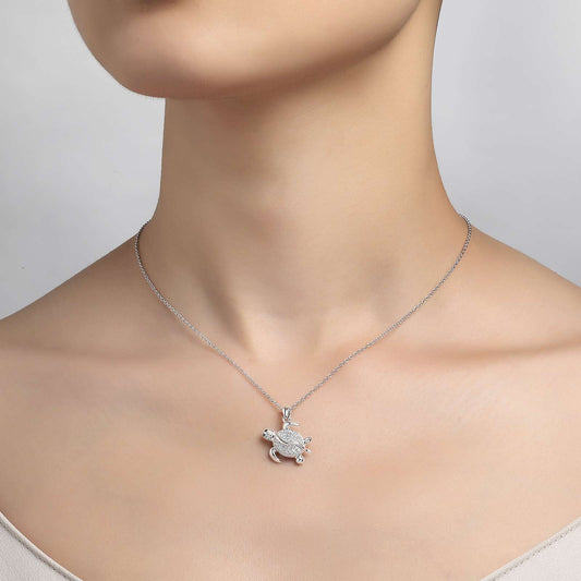 Sterling Silver Simulated Diamond Sea Turtle Pendant Necklace