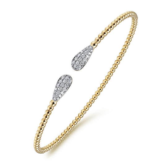 14K Yellow Gold Bead Cuff Bracelet with Diamond Pave Teardrops