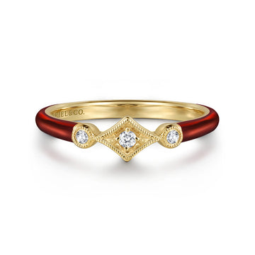 14K Yellow Gold Diamond Split Stackable with Chrome Red Enamel