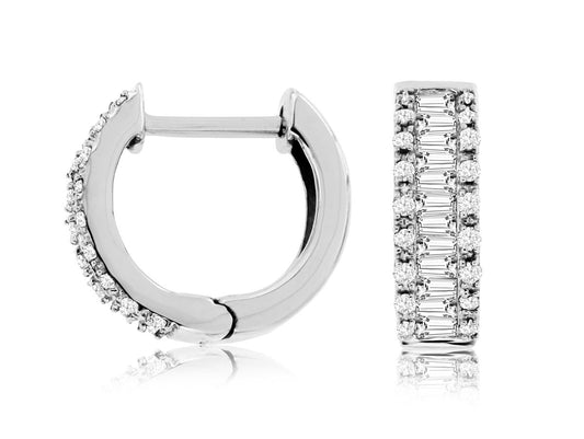14K White Gold Baguette and Pave Diamond Hoop Earrings