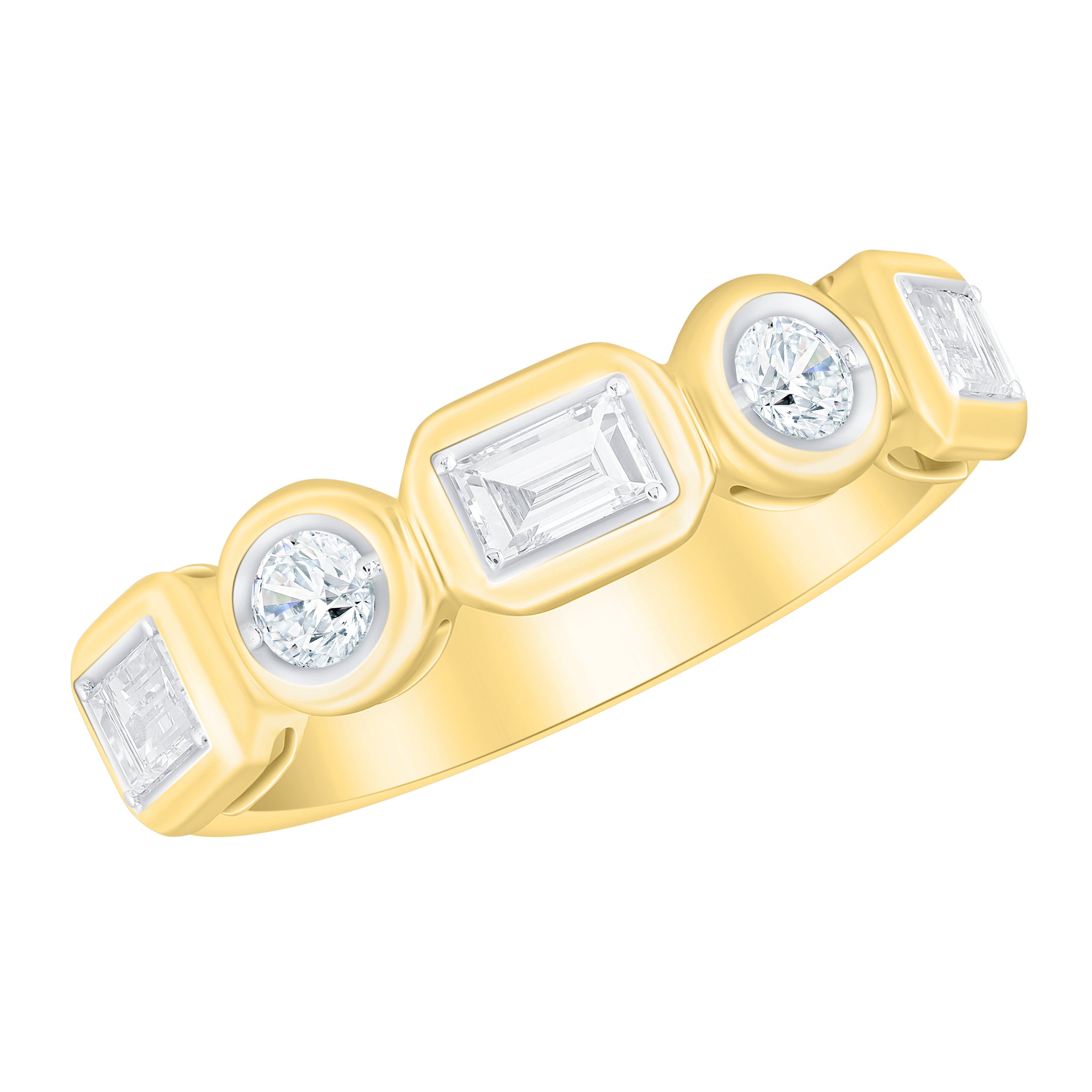 14K Yellow Gold Bezel Set Round and Baguette Diamond Band