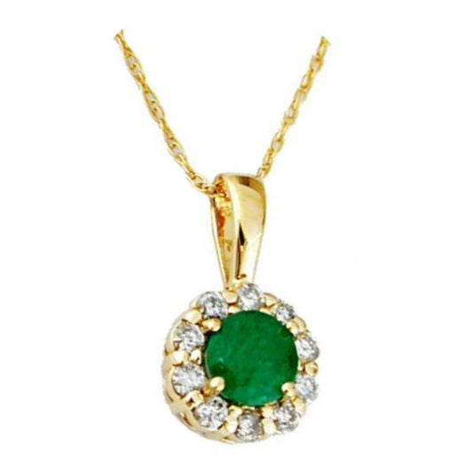 14K Yellow Gold Emerald and Diamond Pendant Necklace