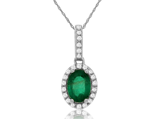 14KT WG .12CTW(NK)(O)EMERALD/PAVE DIAMOND PENDANT ON CHAIN(.70CT OVAL)