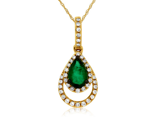 14K Yellow Gold Pear Shaped Emerald and Double Diamond Halo Pendant Necklace