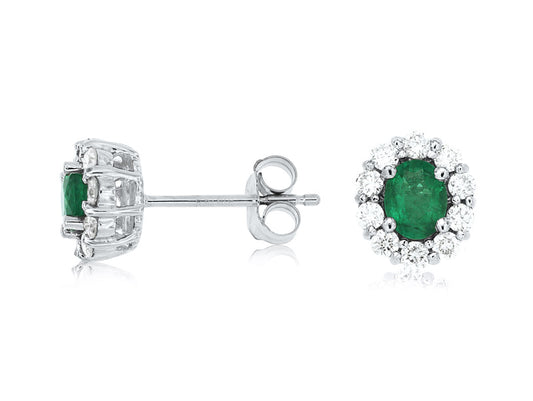 14K White Gold Emerald and Diamond Stud Earrings