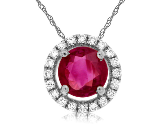 14K White Gold Ruby with Diamond Halo Necklace