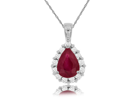 14K White Gold Ruby and Diamond Teardrop Necklace