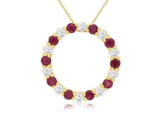 14K Yellow Gold Ruby and Diamond Circle Necklace