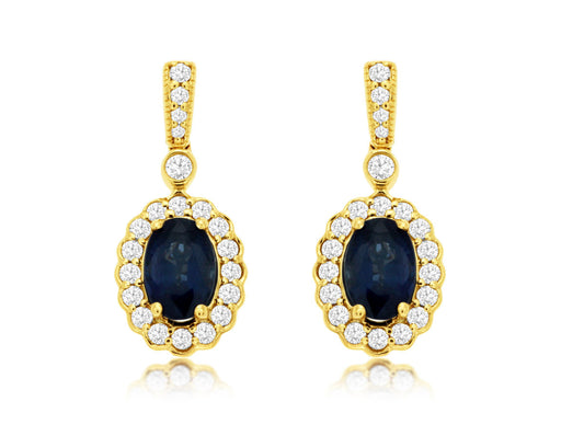 14K Yellow Gold Sapphire and Diamond Dangle Earrings