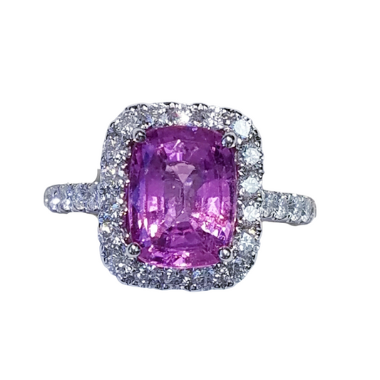 18K White Gold Pink Sapphire Diamond Halo Ring