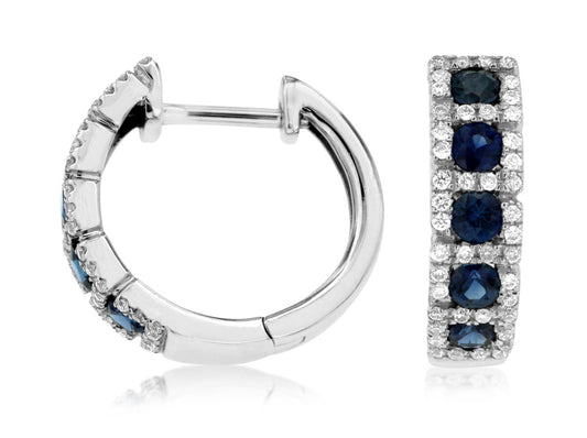 14K White Gold Sapphire and Diamond Huggie Earrings