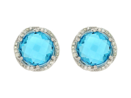 14K White Gold Blue Topaz and Diamond Stud Earrings
