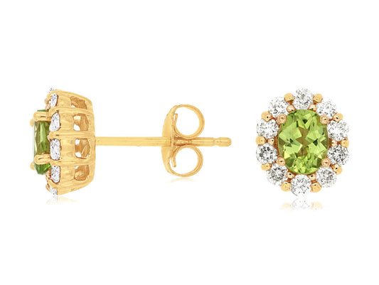 14K Yellow Gold Peridot and Diamond Stud Earrings