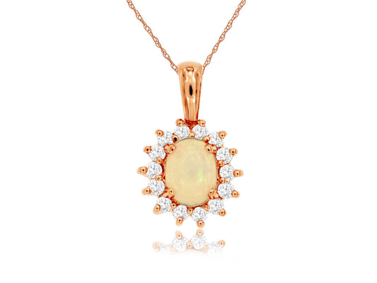 14K Rose Gold Opal with Diamond Halo Necklace