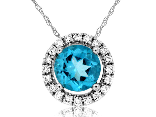 14K White Gold Blue Topaz and Diamond Halo Necklace