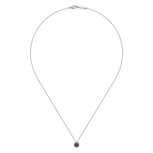 14K White Gold Amethyst and Diamond Halo Pendant Necklace