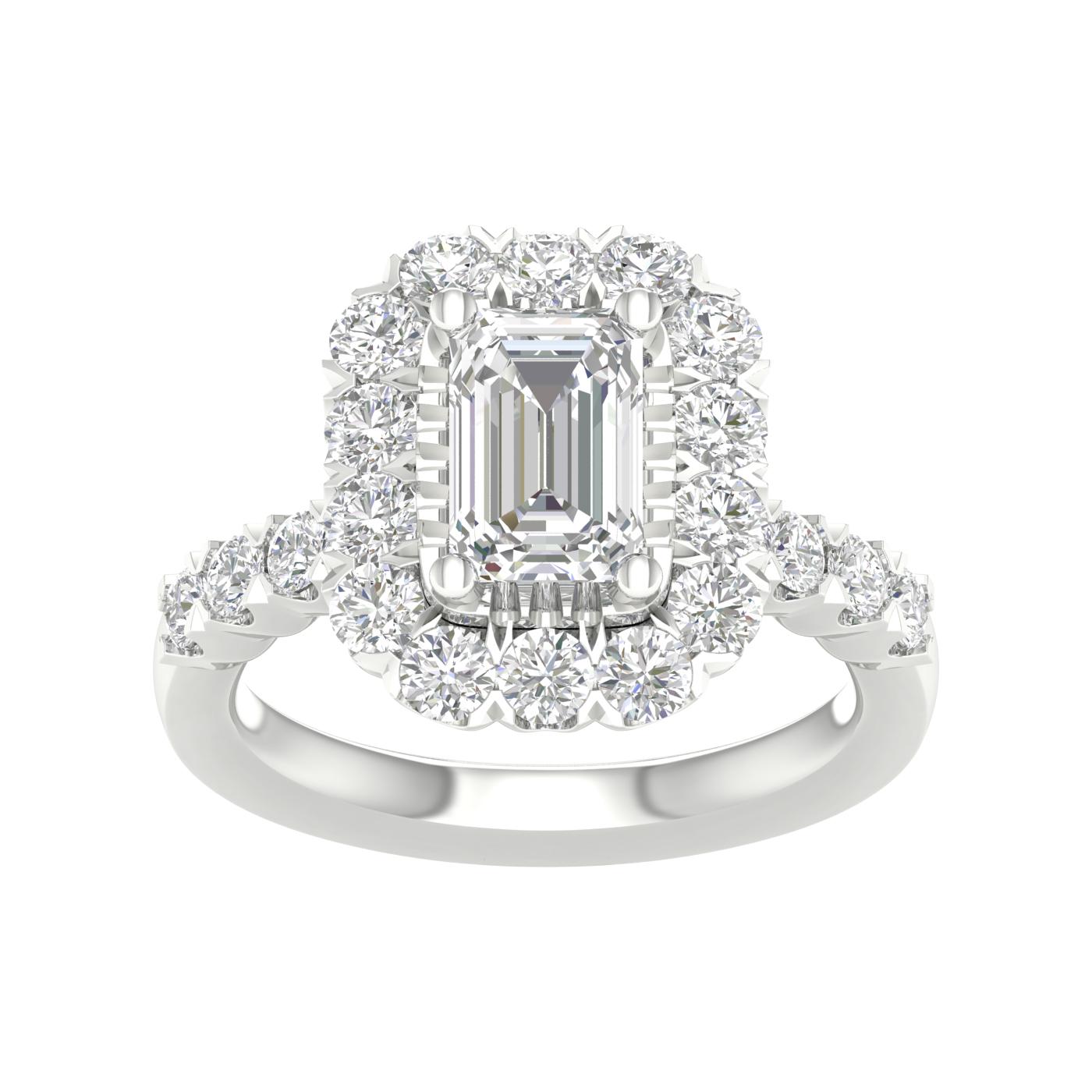 14K White Gold Lab Grown Emerald Diamond Halo Engagement Ring
