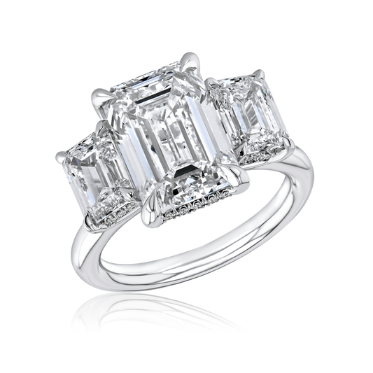 18K White Gold Lab Grown Emerald Diamond Three Stone Engagement Ring