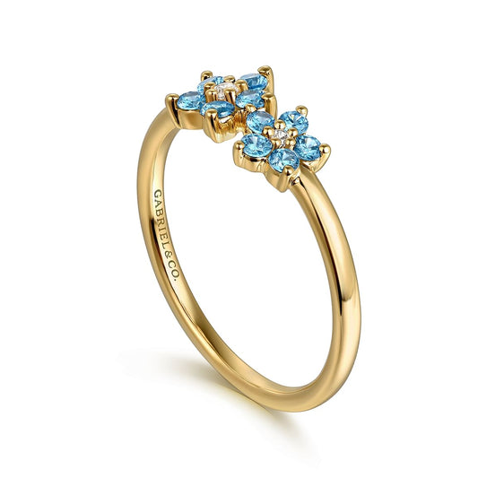 14K Yellow Gold Diamond And Blue Topaz Flower Ring