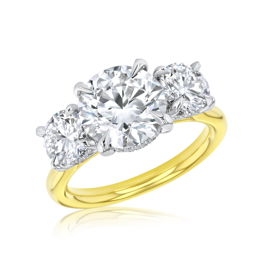 18K Two Tone Lab Grown 4.60CTW Round Three Stone Engagement Ring