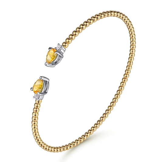 14K White Yellow Gold Bujukan Open Cuff Bracelet with Citrine and Diamond End Caps