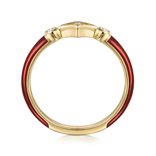 14K Yellow Gold Diamond Split Stackable with Chrome Red Enamel