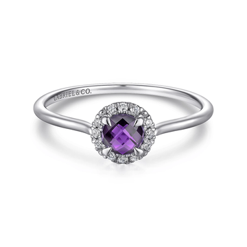 14K White Gold Amethyst and Diamond Halo Promise Ring