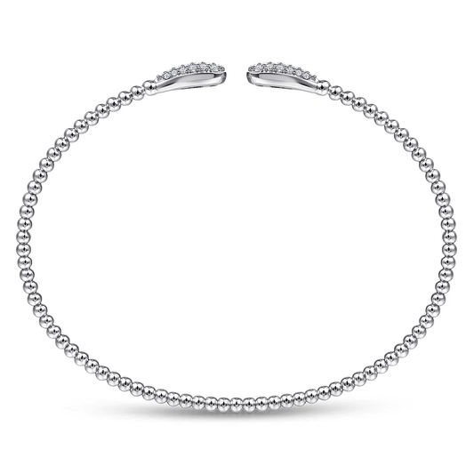 14K White Gold Bead Cuff Bracelet with Diamond Pave Teardrops