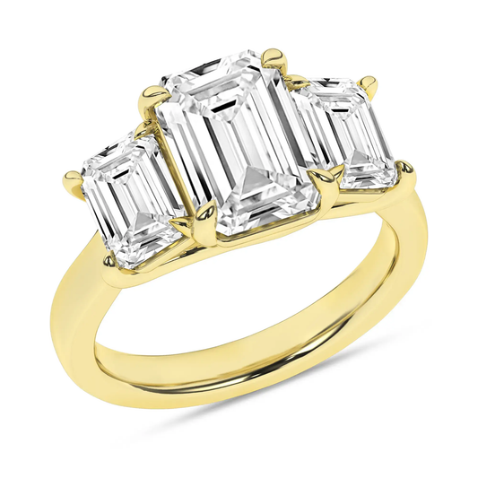 14K Yellow Gold Lab Grown 5.11ctw Three Stone Emerald Engagement Ring