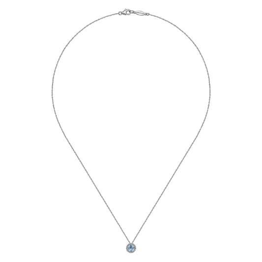 14K White Gold Round Swiss Blue Topaz and Diamond Halo Pendant Necklace