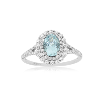 14K White Gold Oval Aquamarine and Pave Diamond Halo Ring