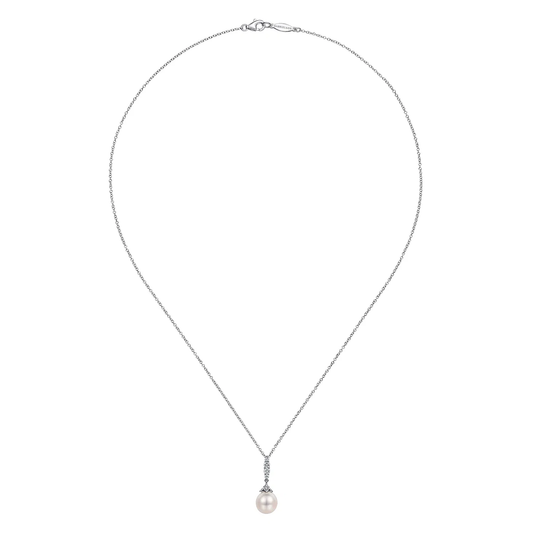 14K White Gold Cultured Pearl and Diamond Drop Pendant Necklace