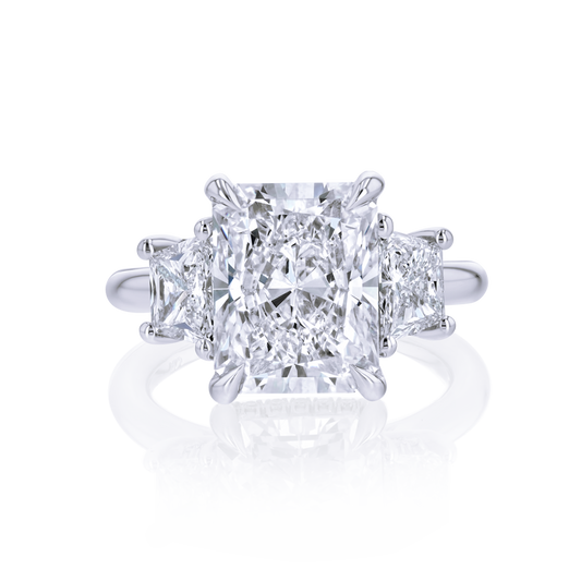 18K White Gold Lab Grown 6.16CTW Radiant and Trapezoid Diamond Three Stone Engagement Ring