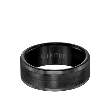 Men's 8MM Black Tungsten Carbide Ring with Satin Finish Flat Center and Round Edge