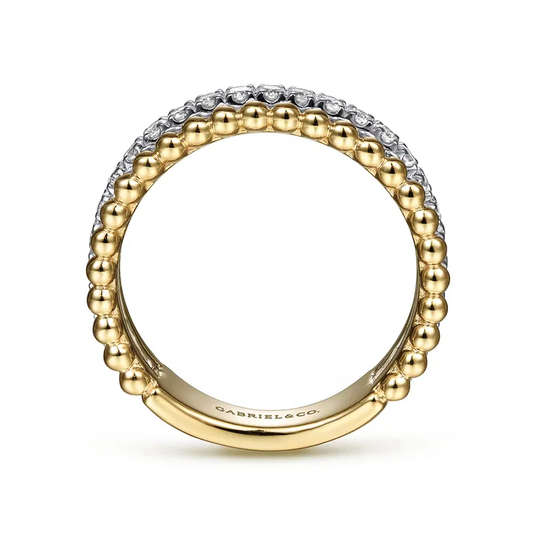 14K White-Yellow Gold Three Row Diamond and Bujukan Bead Ring
