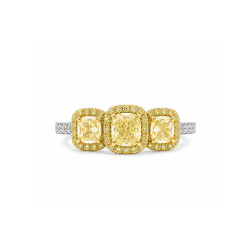 18K Two-Tone Gold 1.77ctw Cushion Yellow Diamond Halo Three Stone Ring