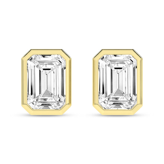 14K Yellow Gold Lab Grown Bezel-Set Emerald Solitaire 2ctw Stud Earrings