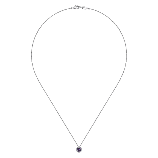 14K White Gold Amethyst and Diamond Halo Pendant Necklace