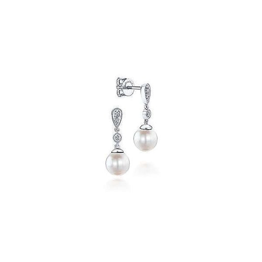 14K White Gold Vintage Inspired Style Diamond Pearl Drop Earrings