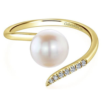 14K Yellow Gold Cultured Pearl and Diamond Open Wrap Ring