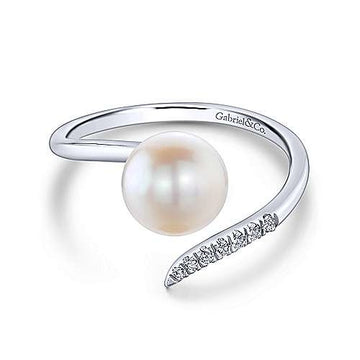 14K White Gold Cultured Pearl and Diamond Open Wrap Ring