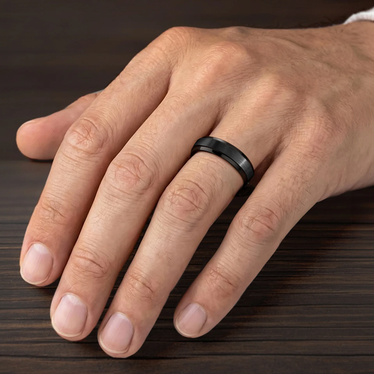 Men's 6mm Black Tungsten Carbide Wedding Band with Satin Finish and Step Edge