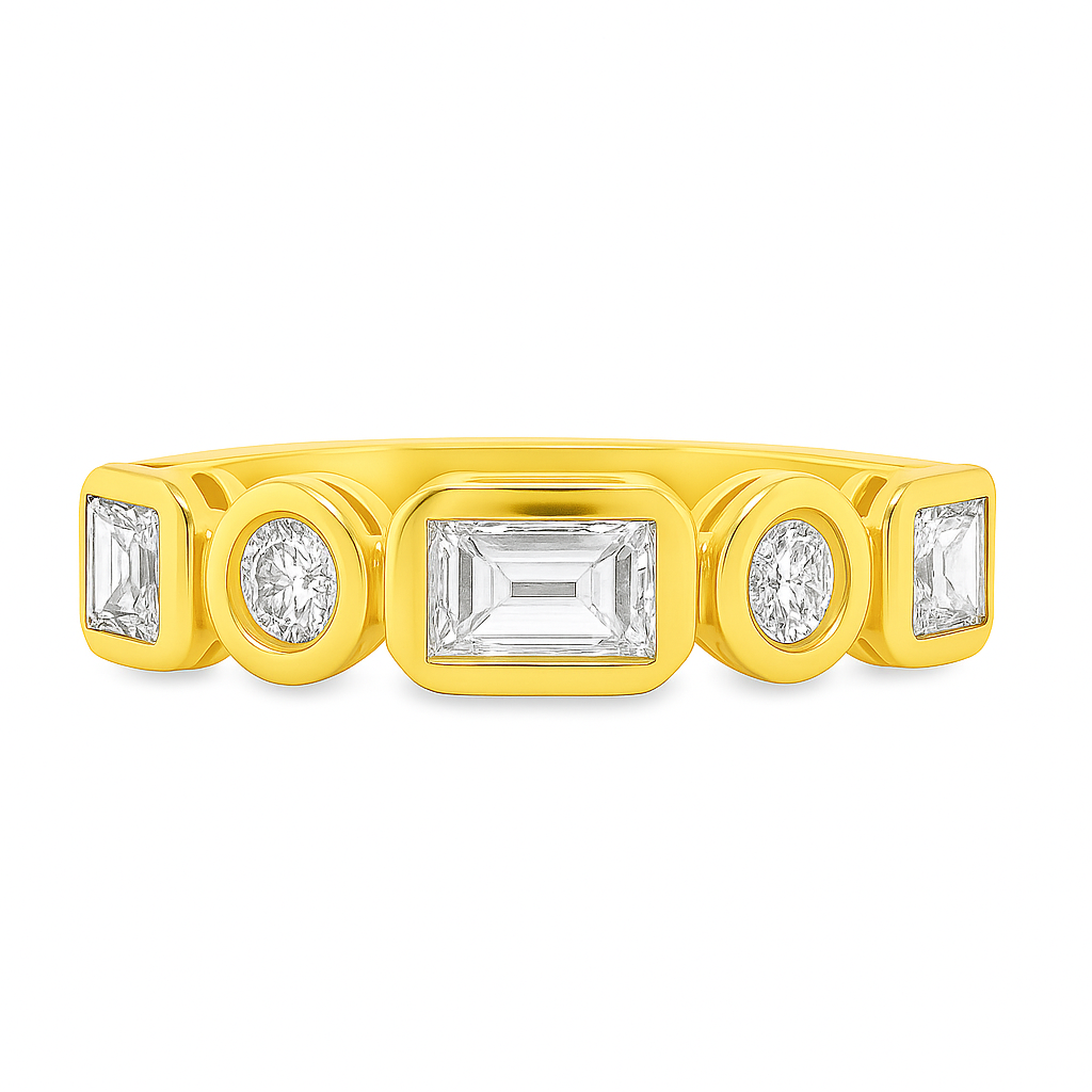 14K Yellow Gold Bezel Set Round and Baguette Diamond Band