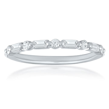 14K White Gold Round and Baguette Diamond Stackable Band